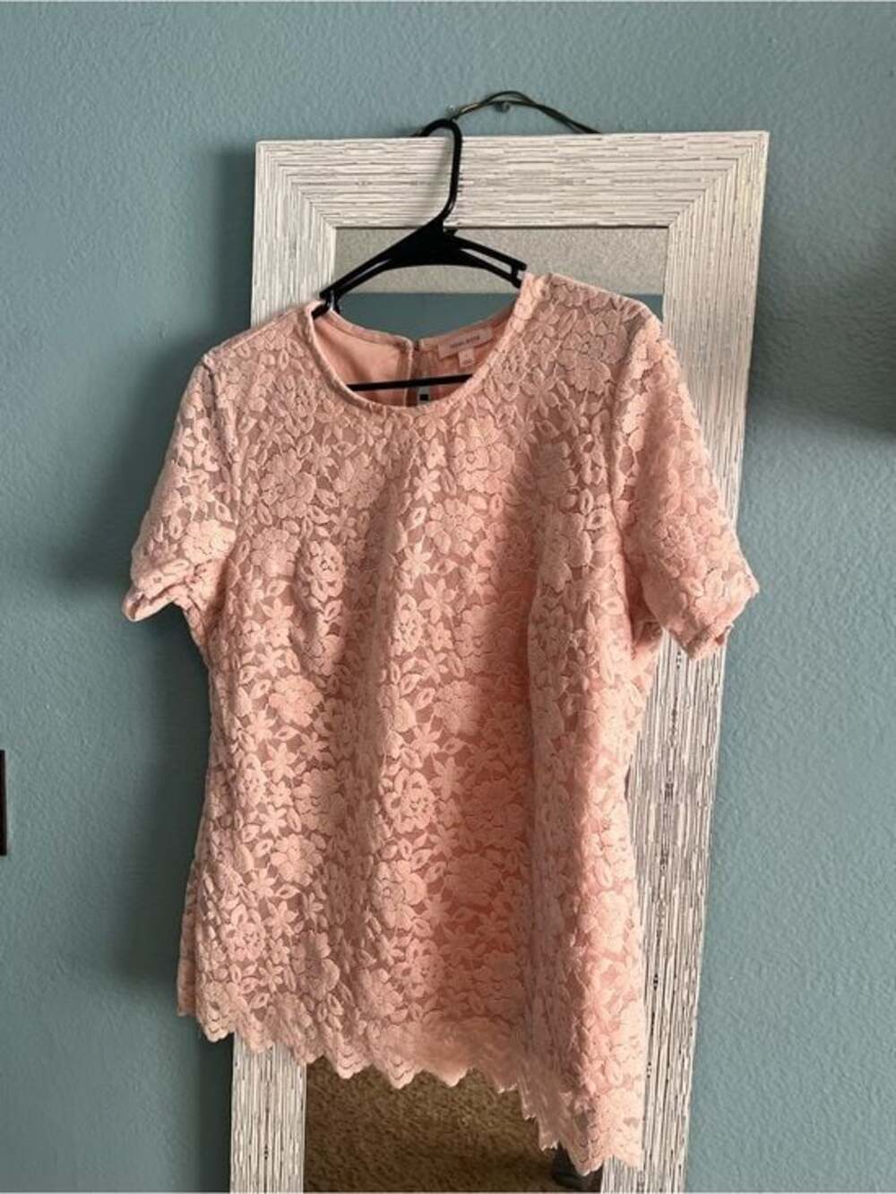 Teddi Rose Women’s Pink Floral Lace Overlay Short Sleeve Soft Slim Blouse L